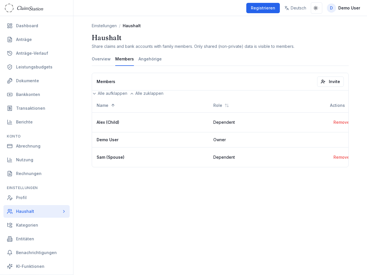 ClaimStation Haushaltsmitglieder-Einstellungen